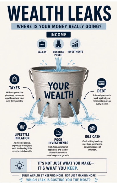 Wealth Leaks infographic: where is your money really going? Taxes, debt, lifestyle inflation, poor investments, and idle cash leak from a bucket labeled Your Wealth.